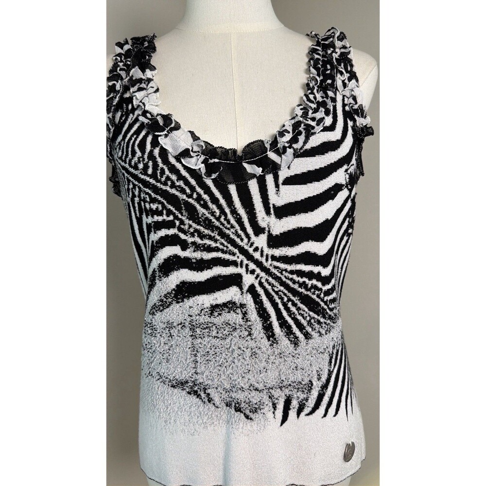 Class Roberto Cavalli Zebra Print Knit Tank Top Ruffle Neck Italy IT 46 US 12 Y2 - Picture 2 of 16